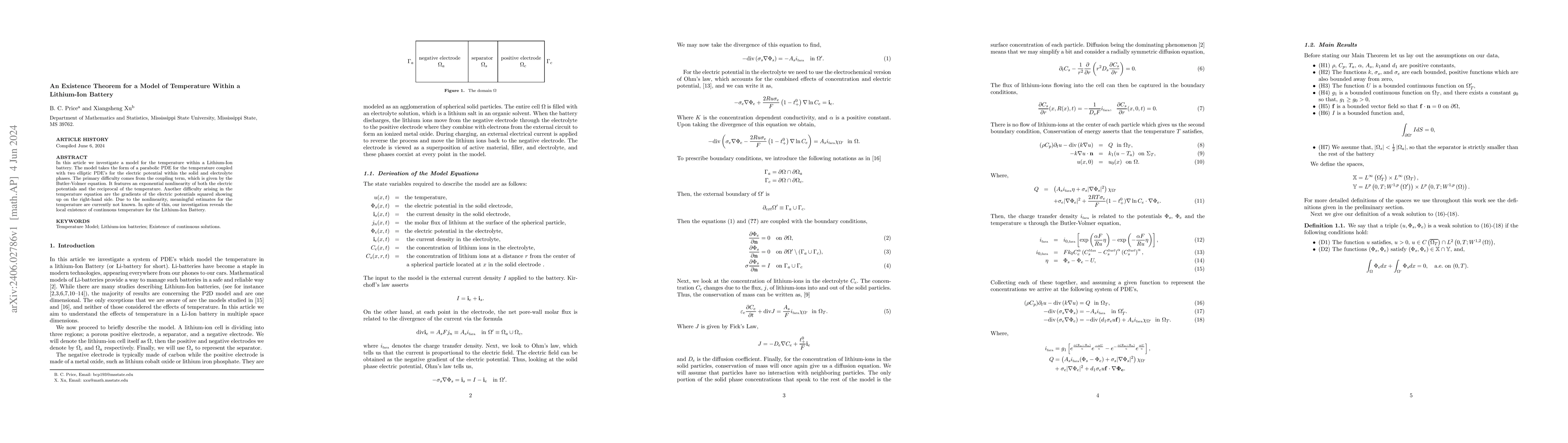 Thumbnail for An Existence Theorem for a Model of Temperature Within a Lithium-Ion
  Battery