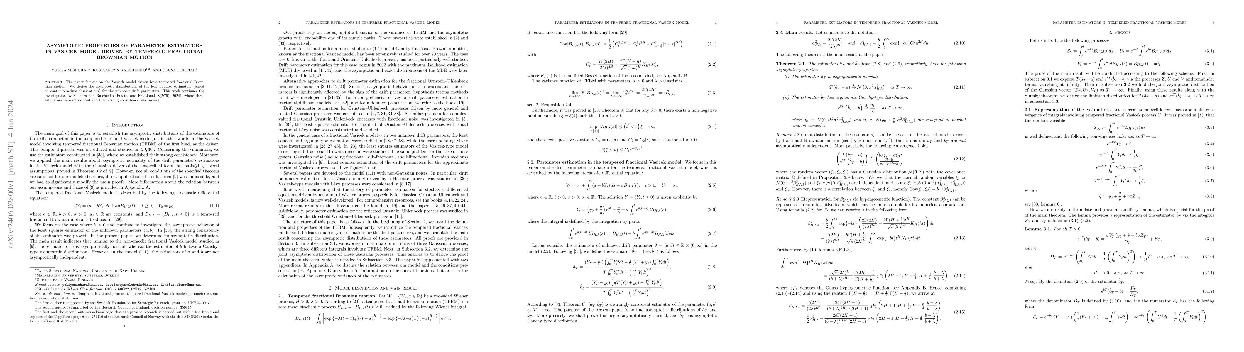 Thumbnail for Asymptotic properties of parameter estimators in Vasicek model driven by
  tempered fractional Brownian motion