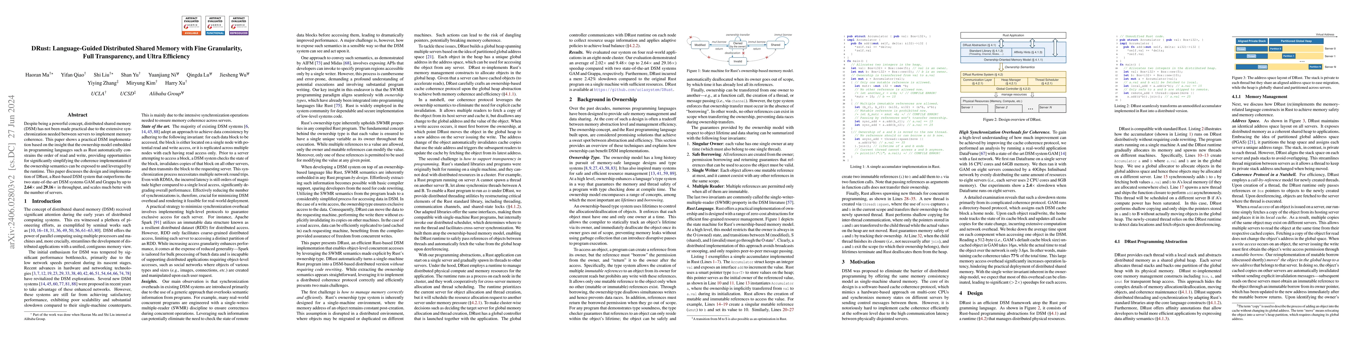 Thumbnail for DRust: Language-Guided Distributed Shared Memory with Fine Granularity,
  Full Transparency, and Ultra Efficiency