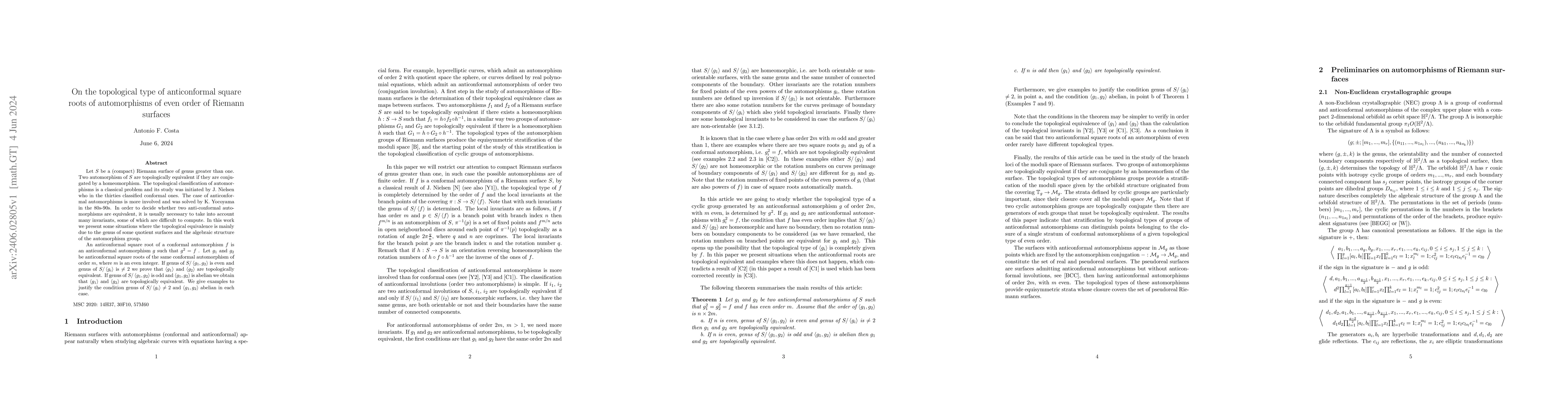 Thumbnail for On the topological type of anticonformal square roots of automorphisms
  of even order of Riemann surfaces