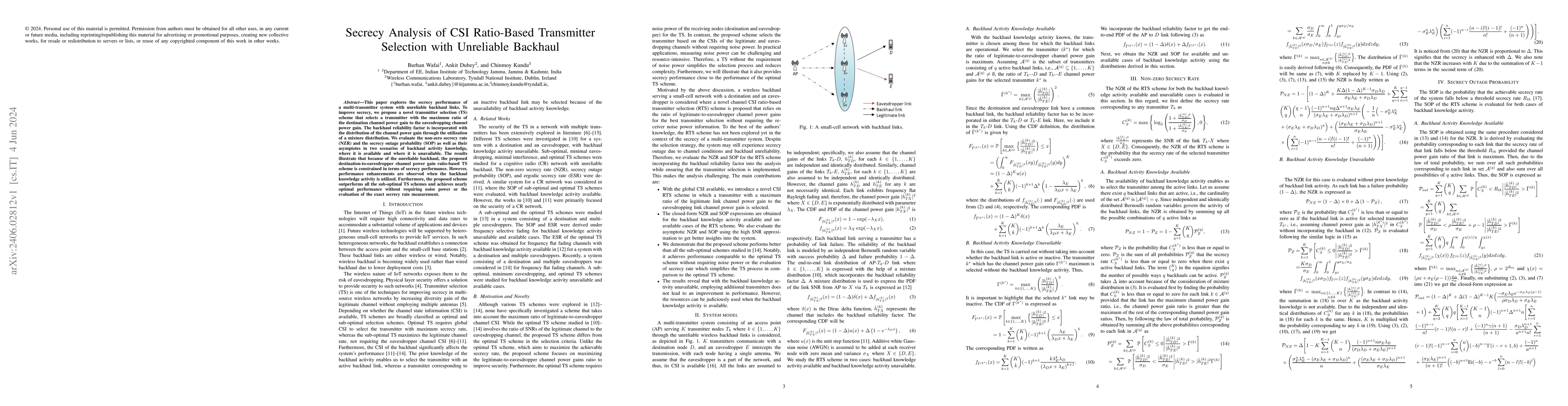 Thumbnail for Secrecy Analysis of CSI Ratio-Based Transmitter Selection with
  Unreliable Backhaul