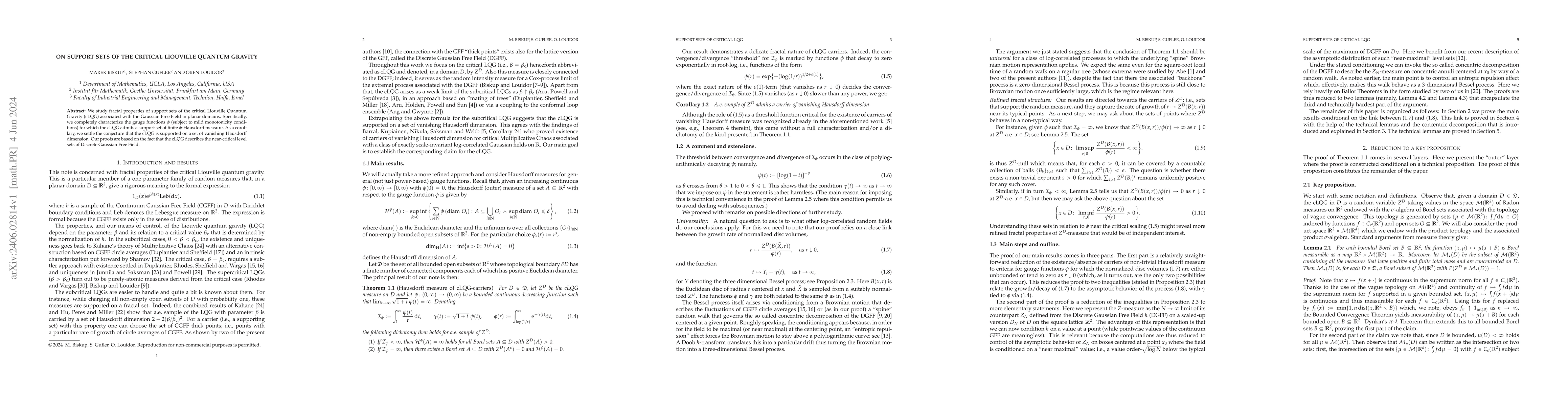 Thumbnail for On support sets of the critical Liouville Quantum Gravity