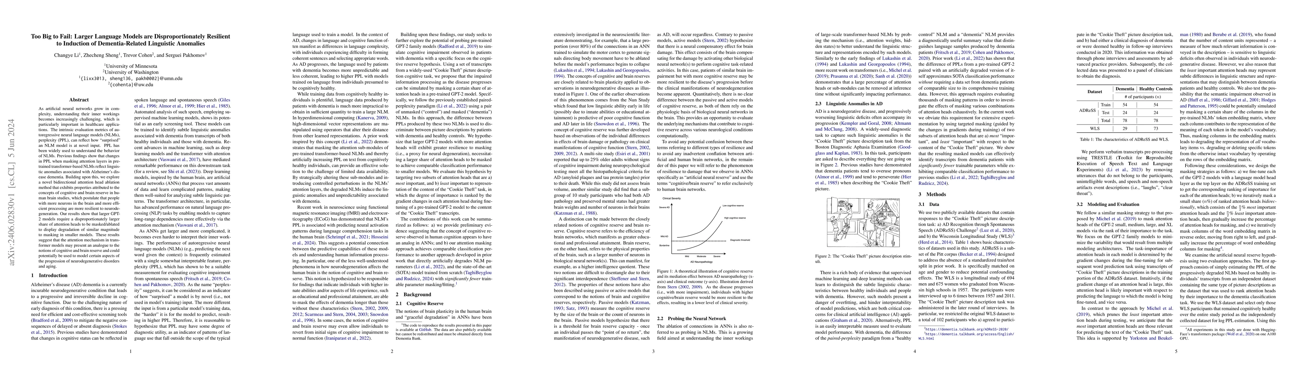 Thumbnail for Too Big to Fail: Larger Language Models are Disproportionately Resilient
  to Induction of Dementia-Related Linguistic Anomalies