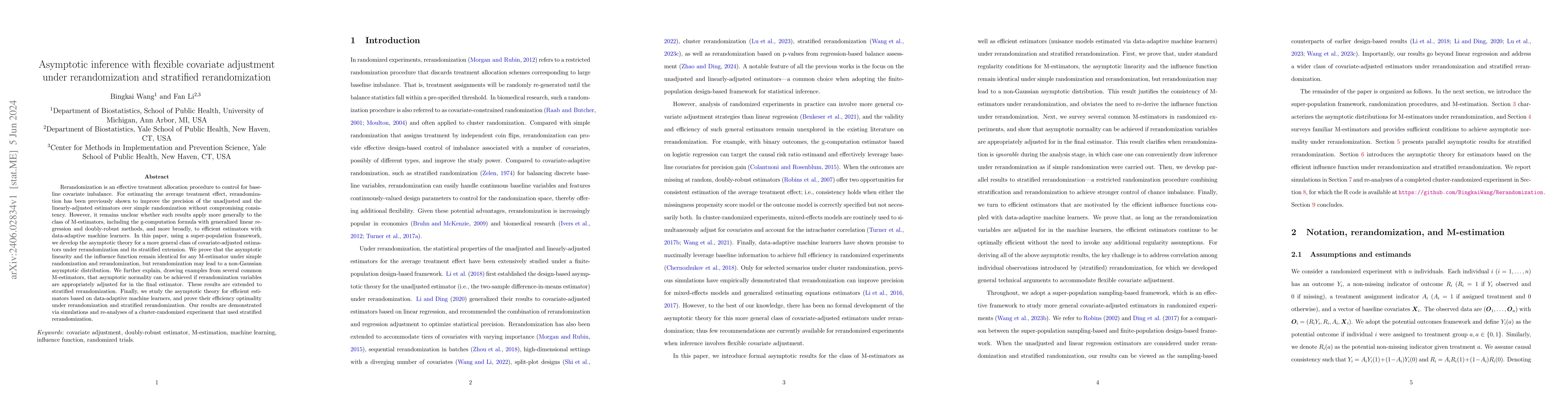 Thumbnail for Asymptotic inference with flexible covariate adjustment under
  rerandomization and stratified rerandomization