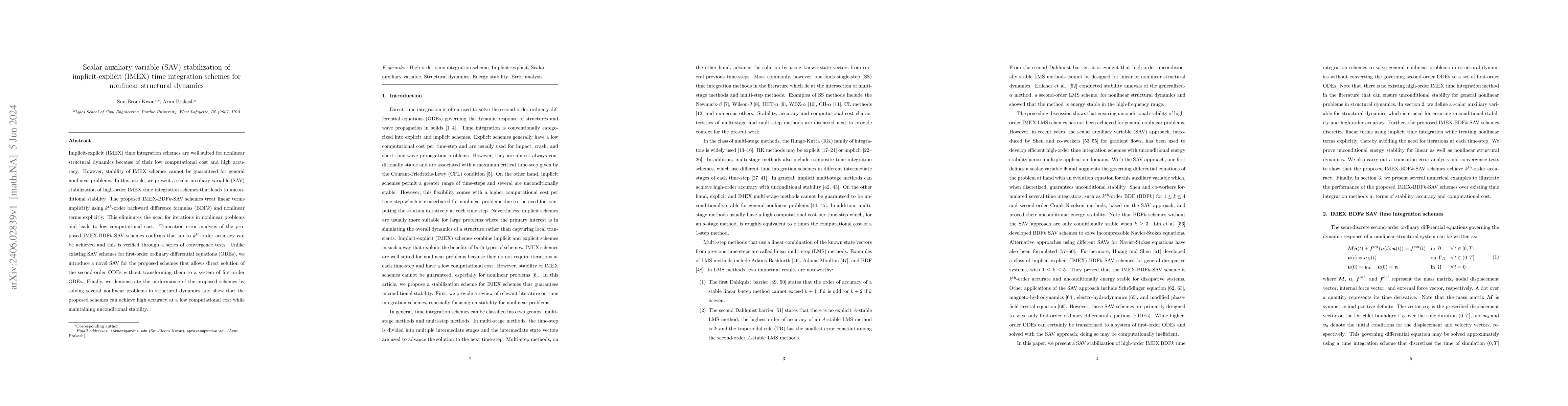 Thumbnail for Scalar auxiliary variable (SAV) stabilization of implicit-explicit
  (IMEX) time integration schemes for nonlinear structural dynamics
