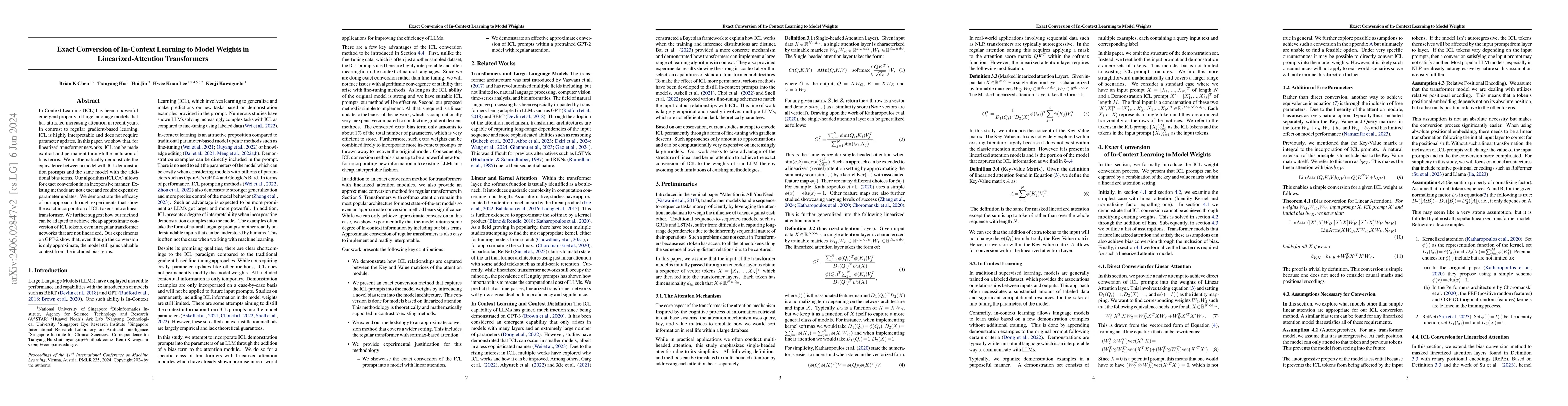 Thumbnail for Exact Conversion of In-Context Learning to Model Weights in
  Linearized-Attention Transformers