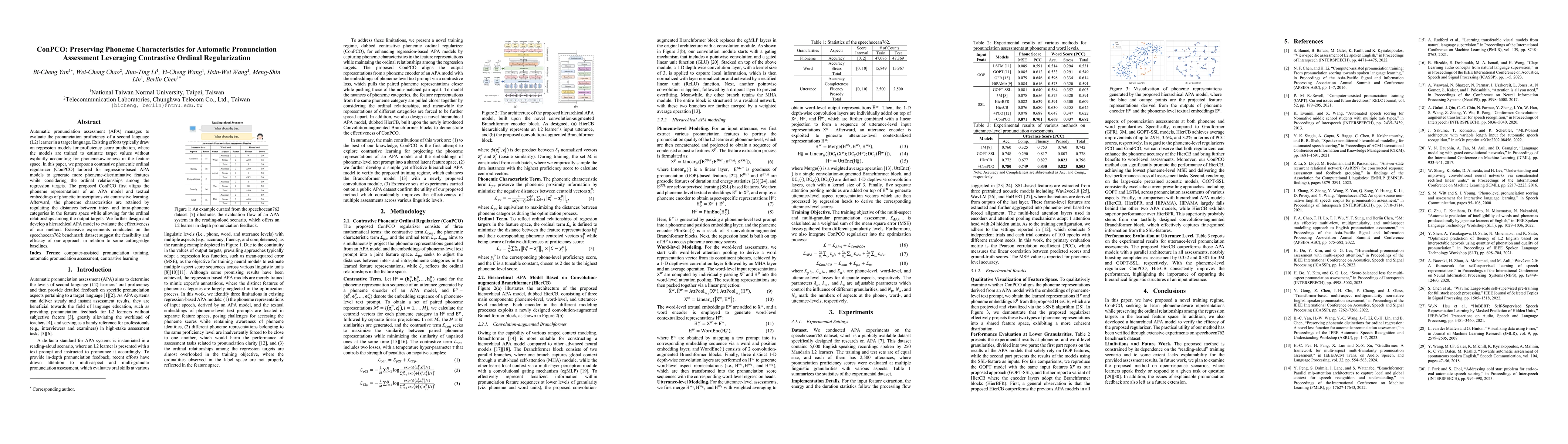 Thumbnail for ConPCO: Preserving Phoneme Characteristics for Automatic Pronunciation
  Assessment Leveraging Contrastive Ordinal Regularization