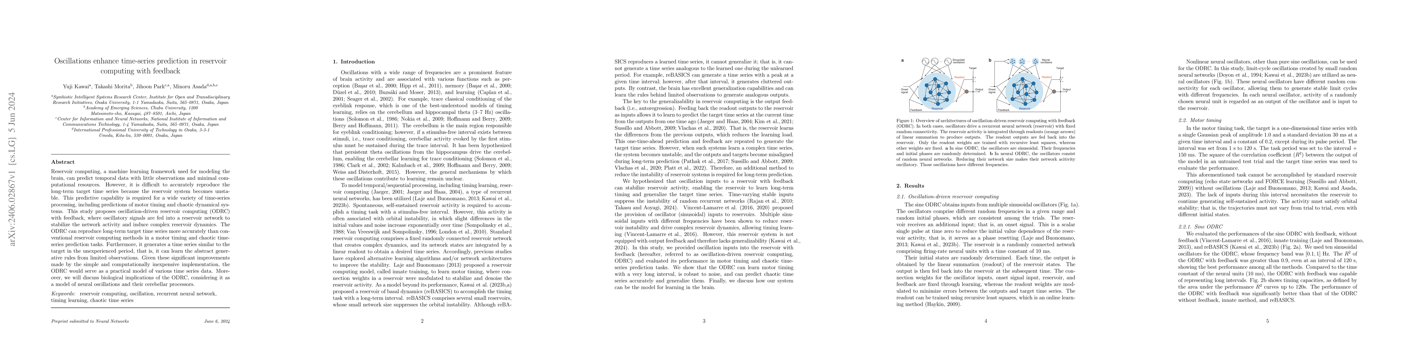 Thumbnail for Oscillations enhance time-series prediction in reservoir computing with
  feedback