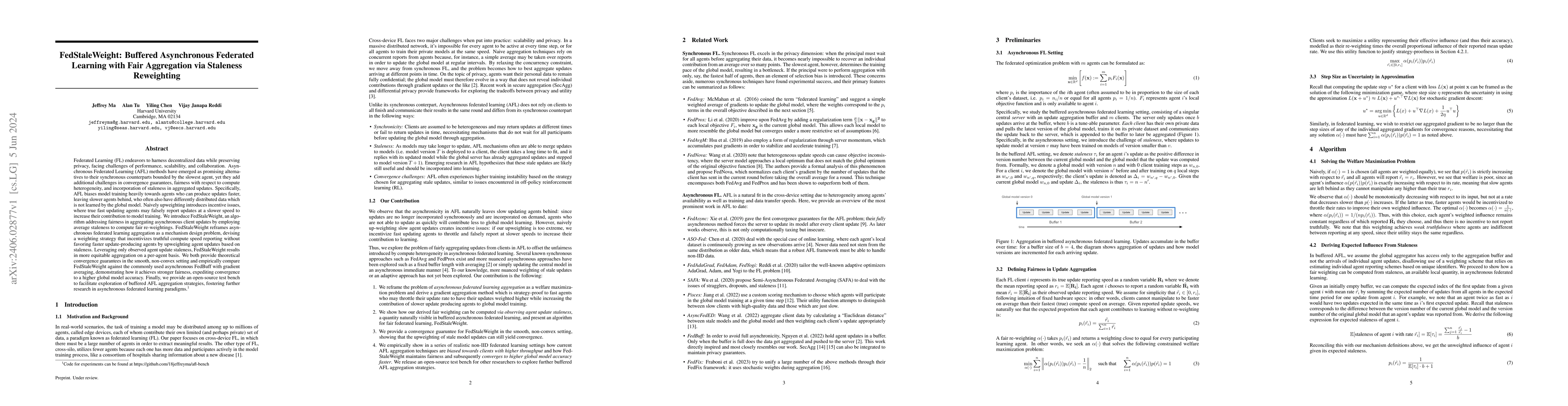 Thumbnail for FedStaleWeight: Buffered Asynchronous Federated Learning with Fair
  Aggregation via Staleness Reweighting