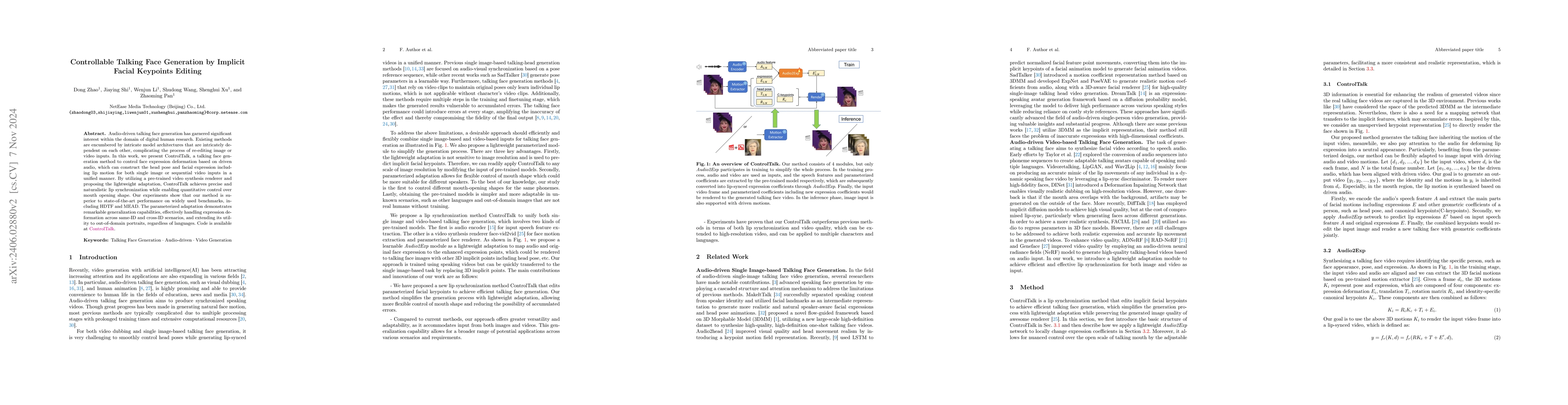 Thumbnail for Controllable Talking Face Generation by Implicit Facial Keypoints
  Editing