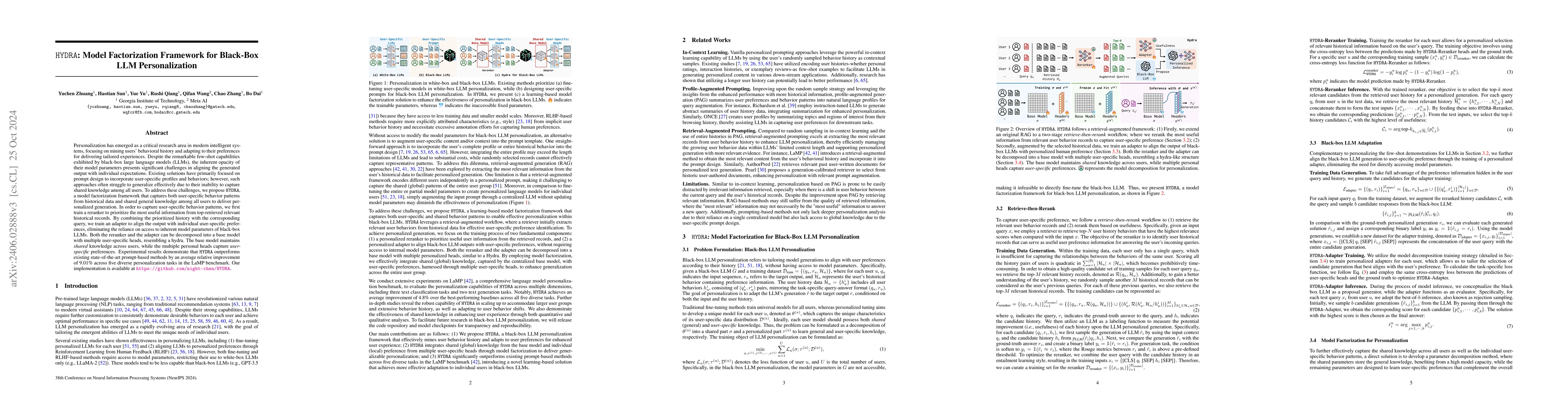 Thumbnail for HYDRA: Model Factorization Framework for Black-Box LLM Personalization