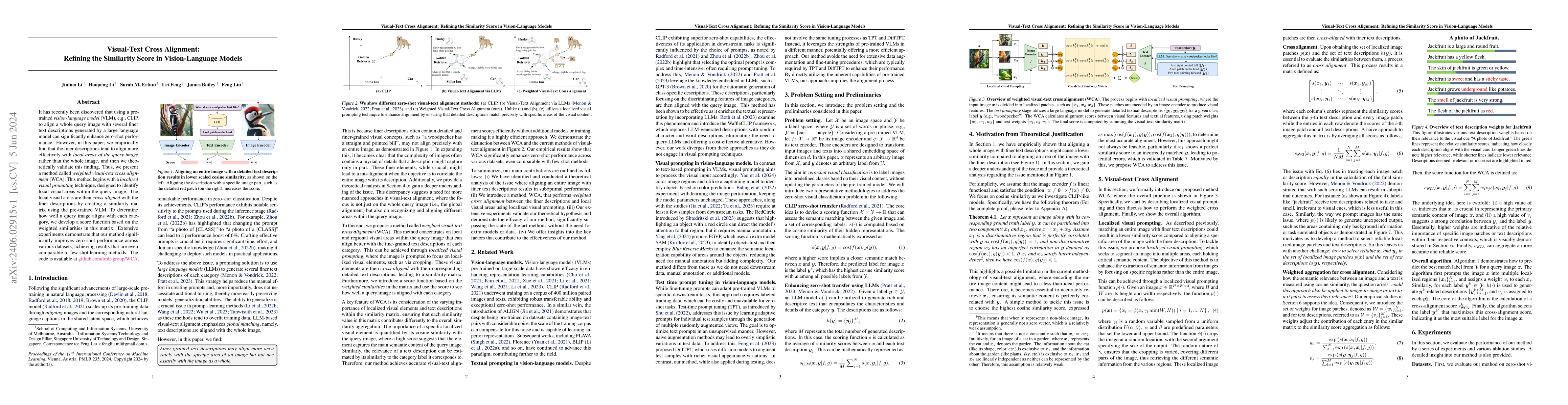 Thumbnail for Visual-Text Cross Alignment: Refining the Similarity Score in
  Vision-Language Models