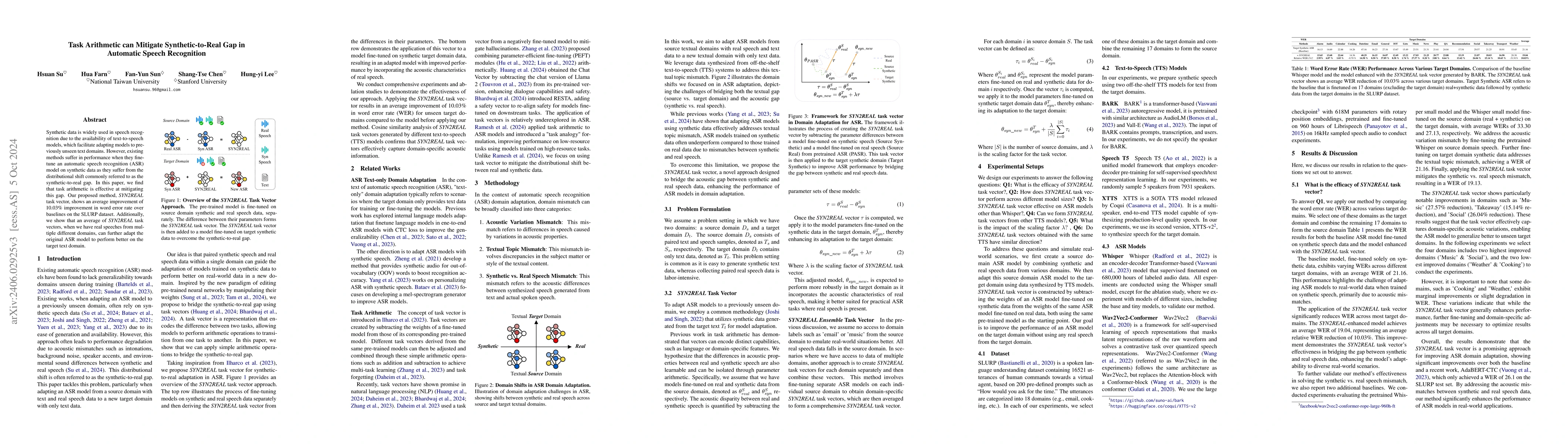 Thumbnail for Task Arithmetic can Mitigate Synthetic-to-Real Gap in Automatic Speech
  Recognition