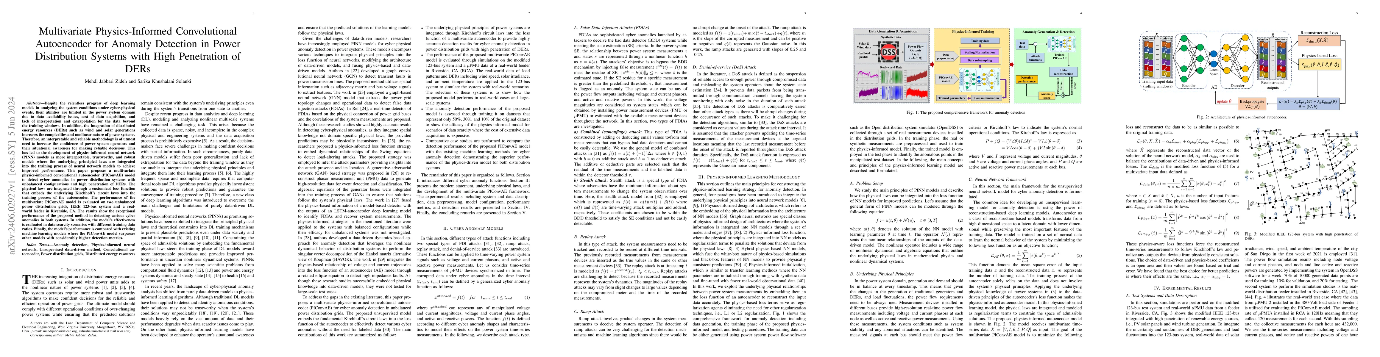 Thumbnail for Multivariate Physics-Informed Convolutional Autoencoder for Anomaly
  Detection in Power Distribution Systems with High Penetration of DERs
