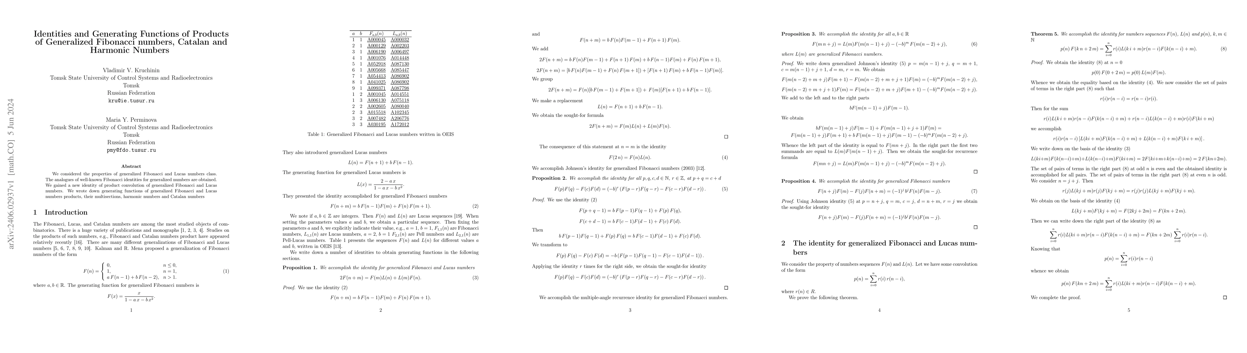Thumbnail for Identities and Generating Functions of Products of Generalized Fibonacci
  numbers, Catalan and Harmonic Numbers