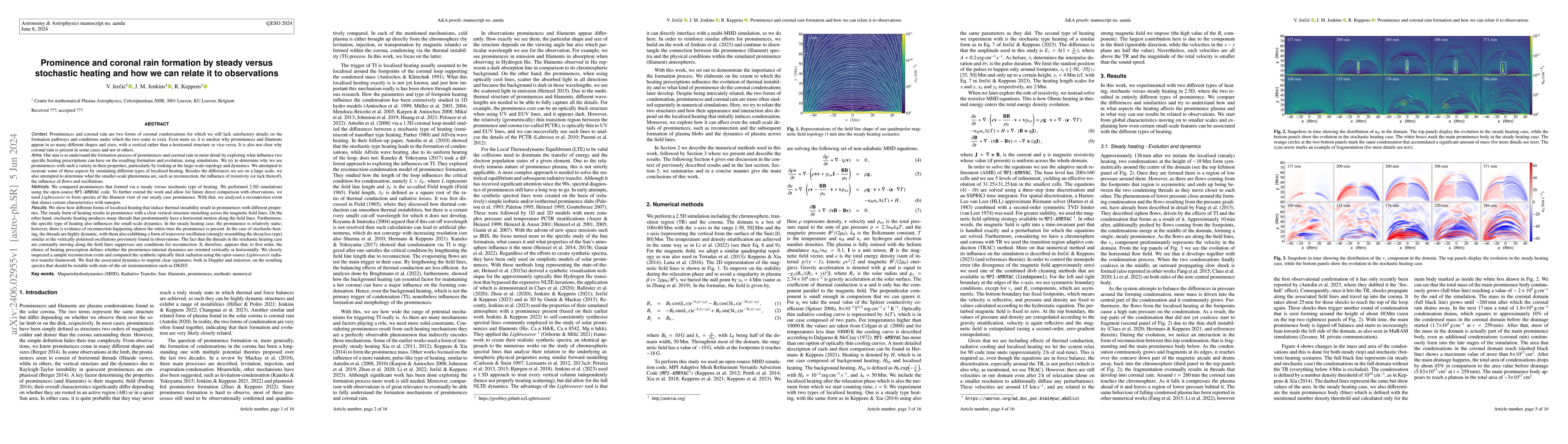 Thumbnail for Prominence and coronal rain formation by steady versus stochastic
  heating and how we can relate it to observations