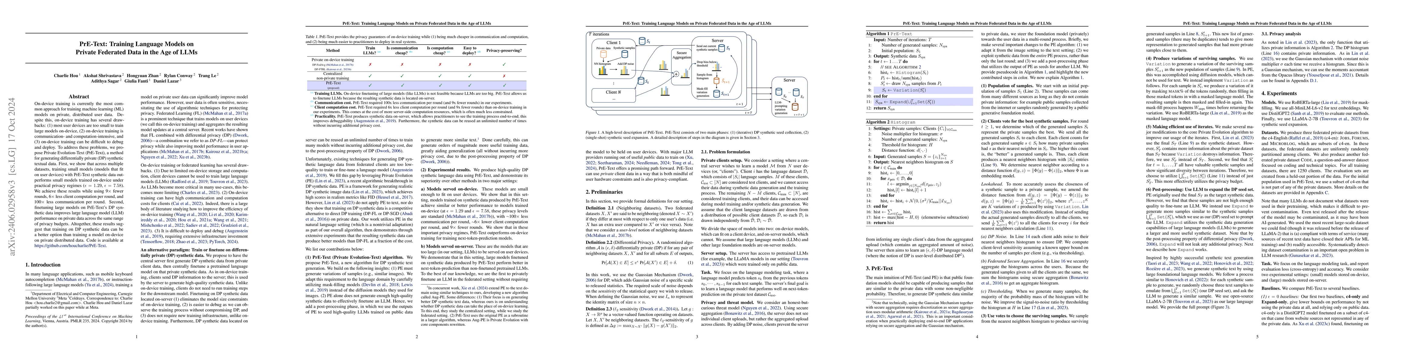 Thumbnail for PrE-Text: Training Language Models on Private Federated Data in the Age
  of LLMs