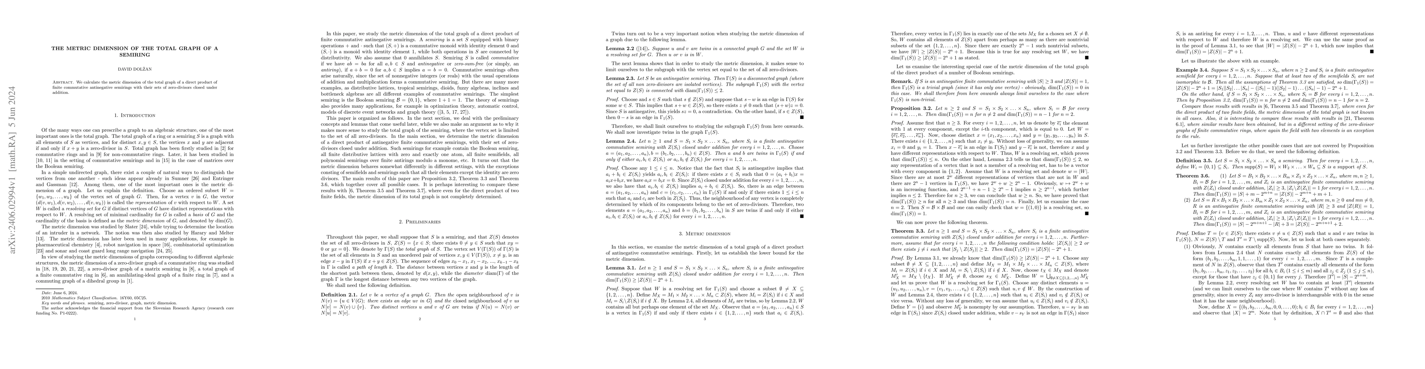 Thumbnail for The metric dimension of the total graph of a semiring