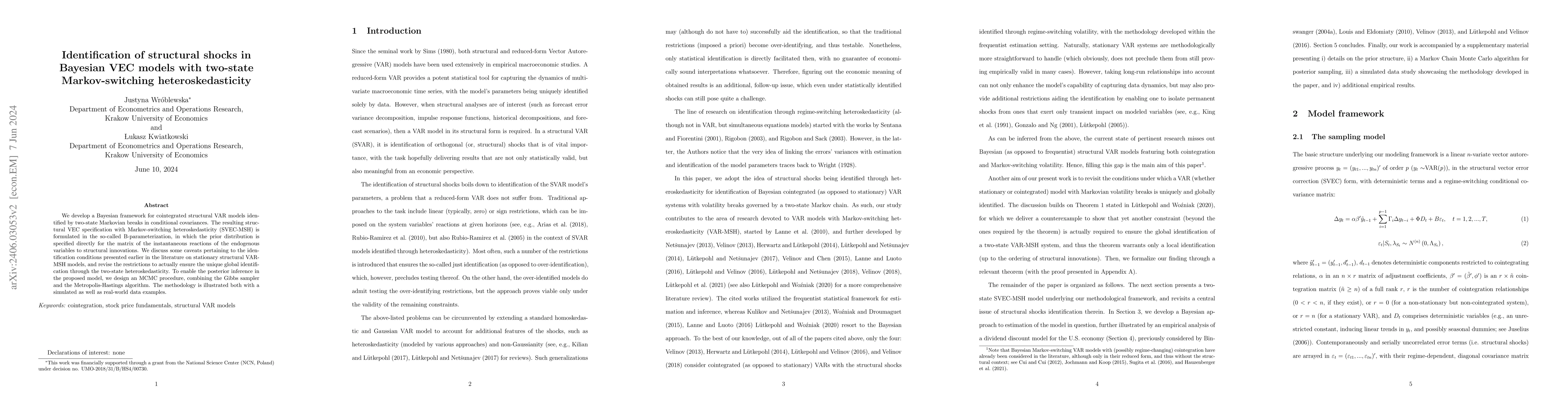Thumbnail for Identification of structural shocks in Bayesian VEC models with
  two-state Markov-switching heteroskedasticity