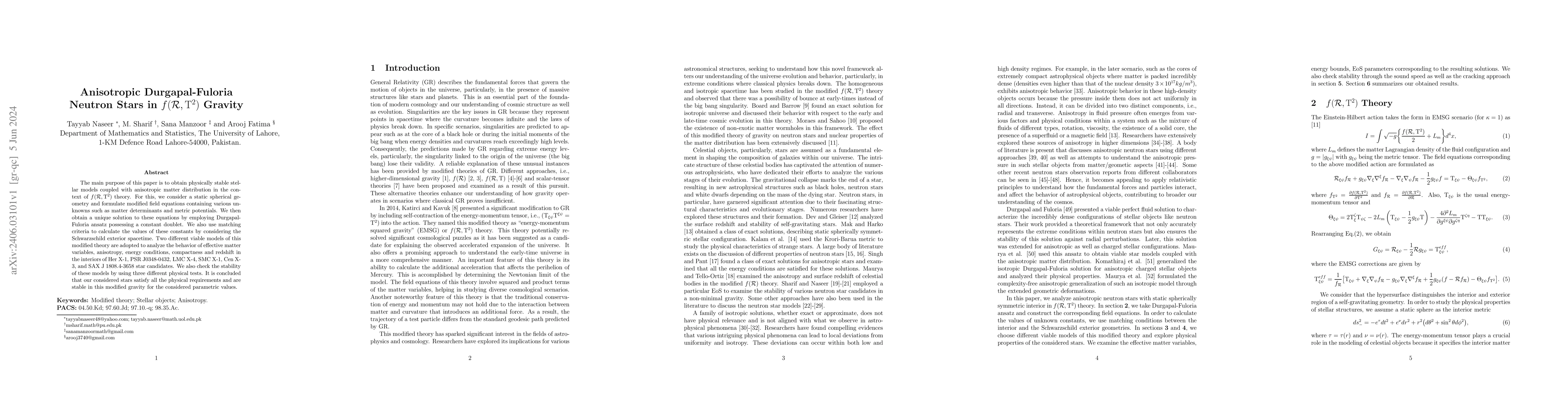 Thumbnail for Anisotropic Durgapal-Fuloria Neutron Stars in
  $f(\mathcal{R},\mathrm{T}^{2})$ Gravity