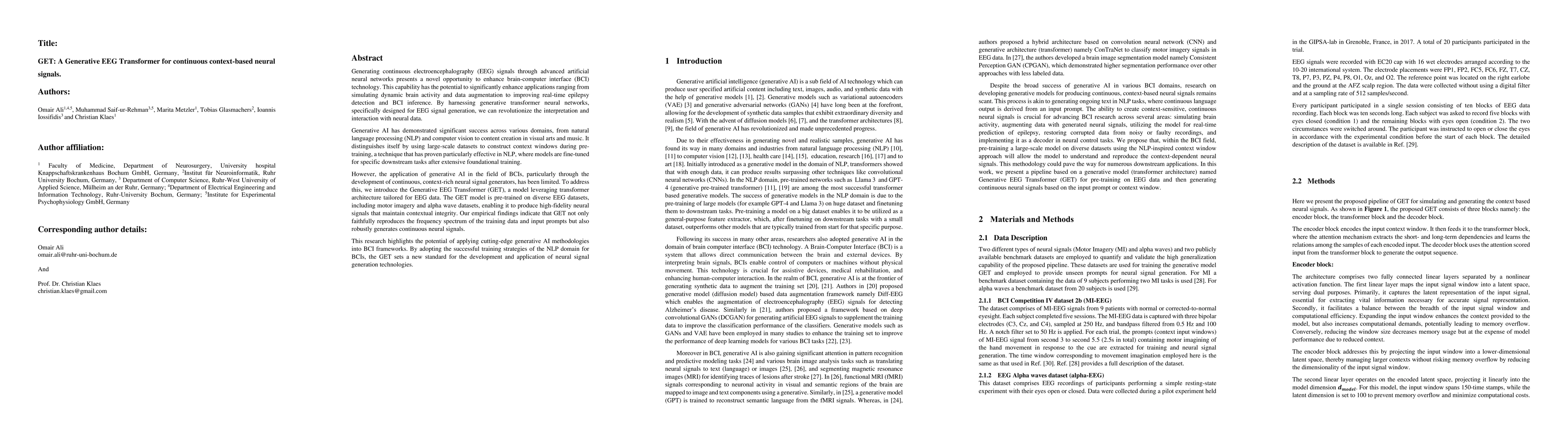Thumbnail for GET: A Generative EEG Transformer for Continuous Context-Based Neural
  Signals