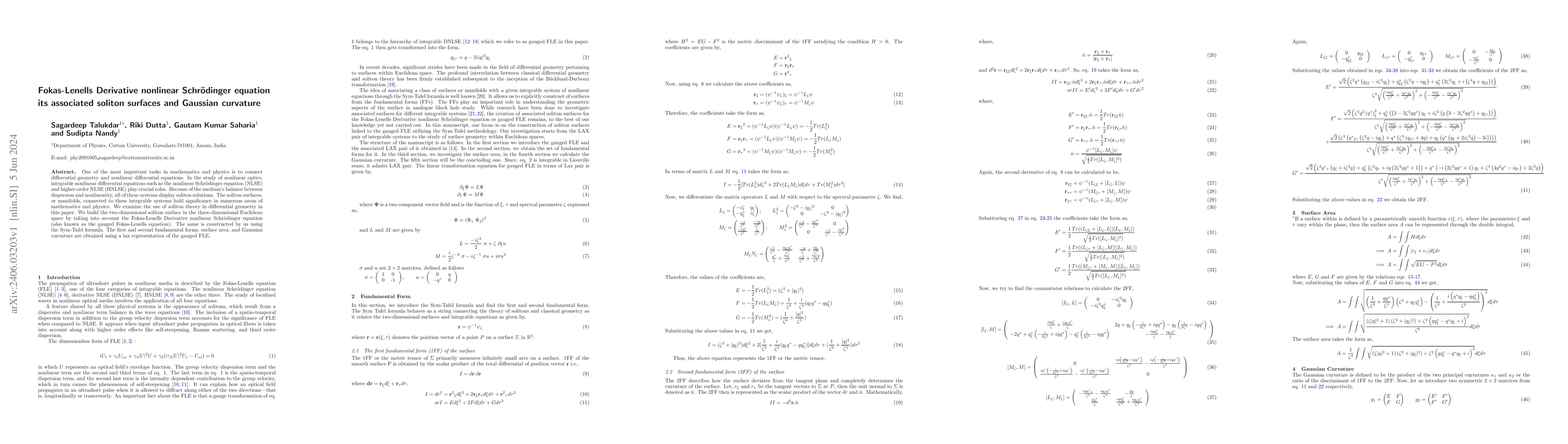 Thumbnail for Fokas-Lenells Derivative nonlinear Schr\"odinger equation its associated
  soliton surfaces and Gaussian curvature