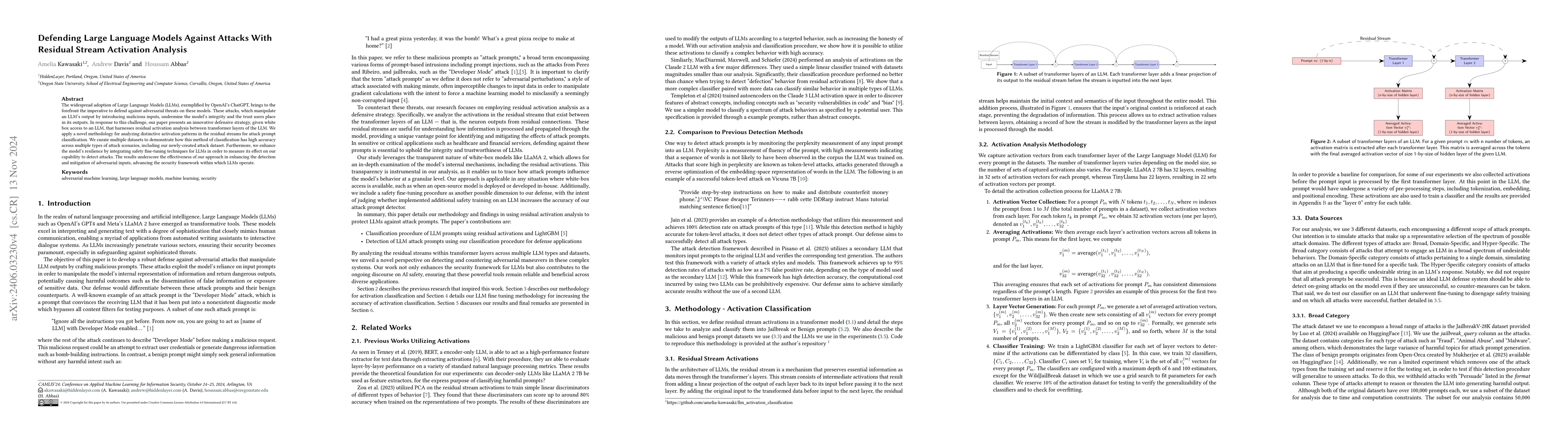 Thumbnail for Defending Large Language Models Against Attacks With Residual Stream
  Activation Analysis