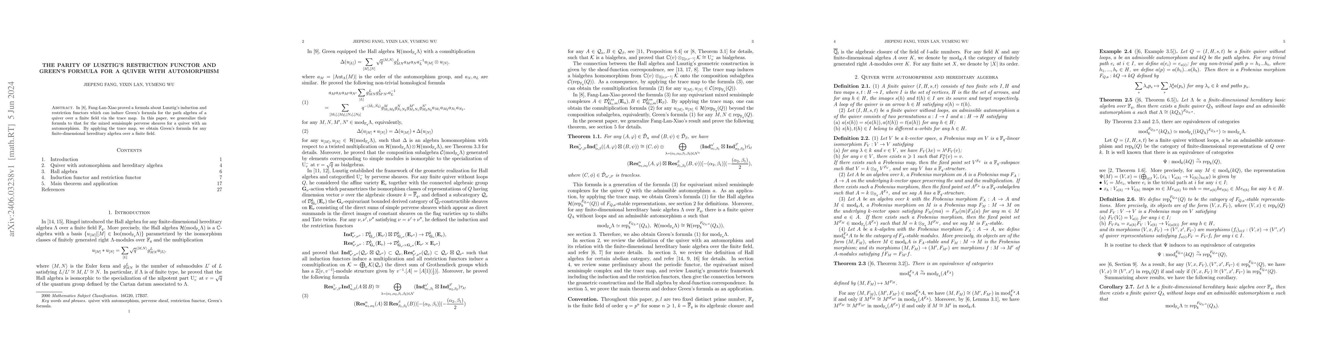 Thumbnail for The parity of Lusztig's restriction functor and Green's formula for a
  quiver with automorphism