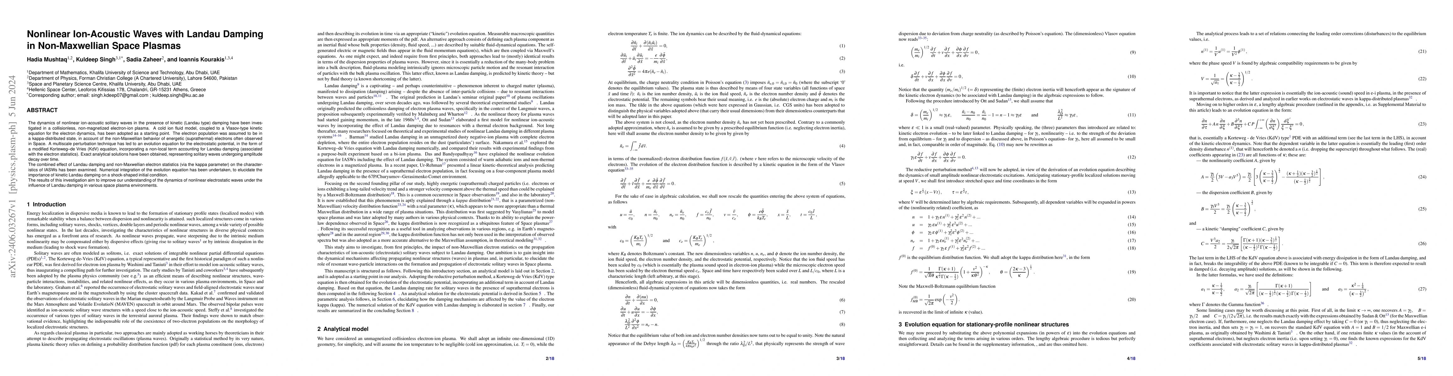 Thumbnail for Nonlinear Ion-Acoustic Waves with Landau Damping in Non-Maxwellian Space
  Plasmas