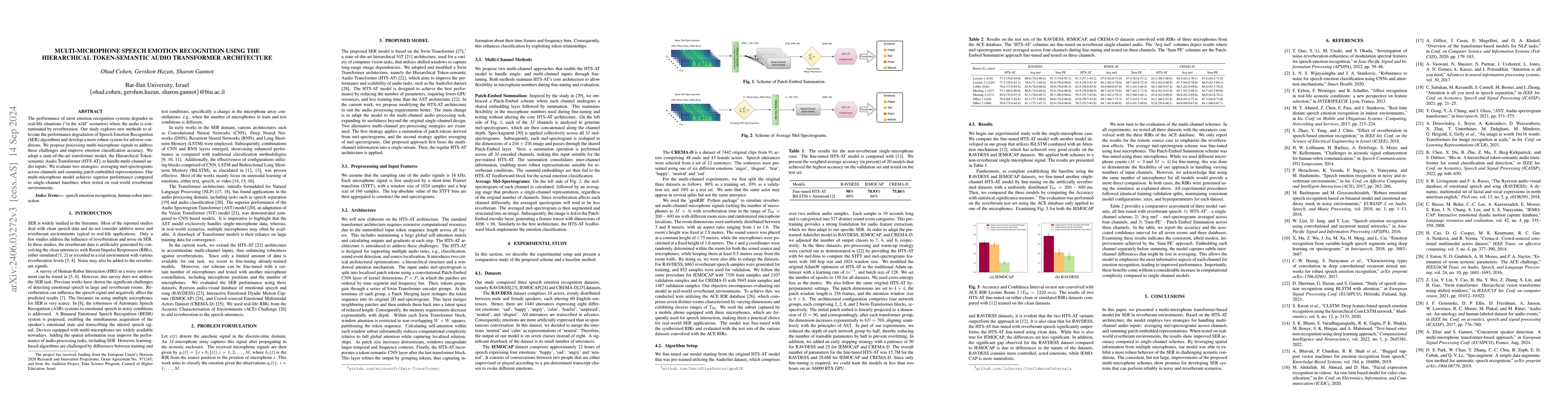 Thumbnail for Multi-Microphone Speech Emotion Recognition using the Hierarchical
  Token-semantic Audio Transformer Architecture