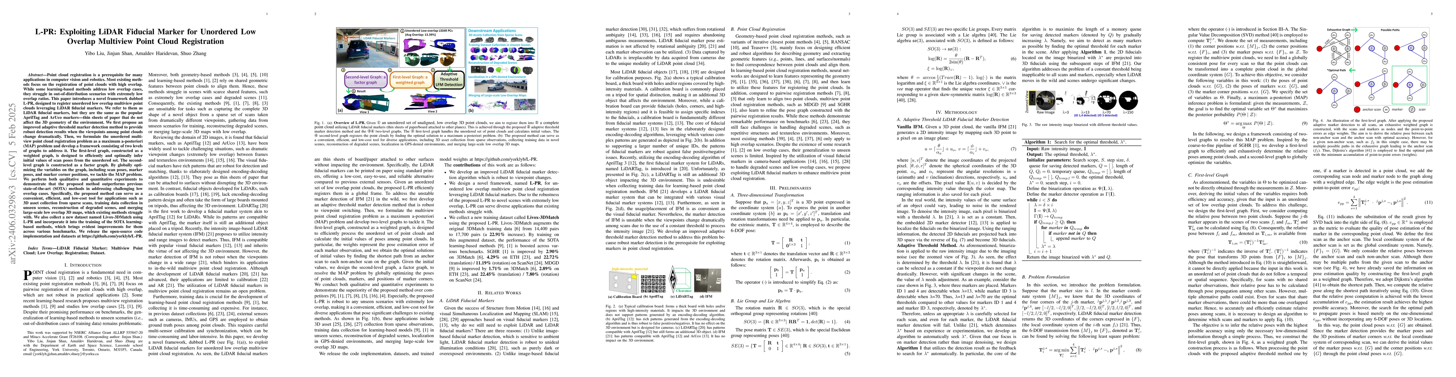 Thumbnail for L-PR: Exploiting LiDAR Fiducial Marker for Unordered Low Overlap
  Multiview Point Cloud Registration