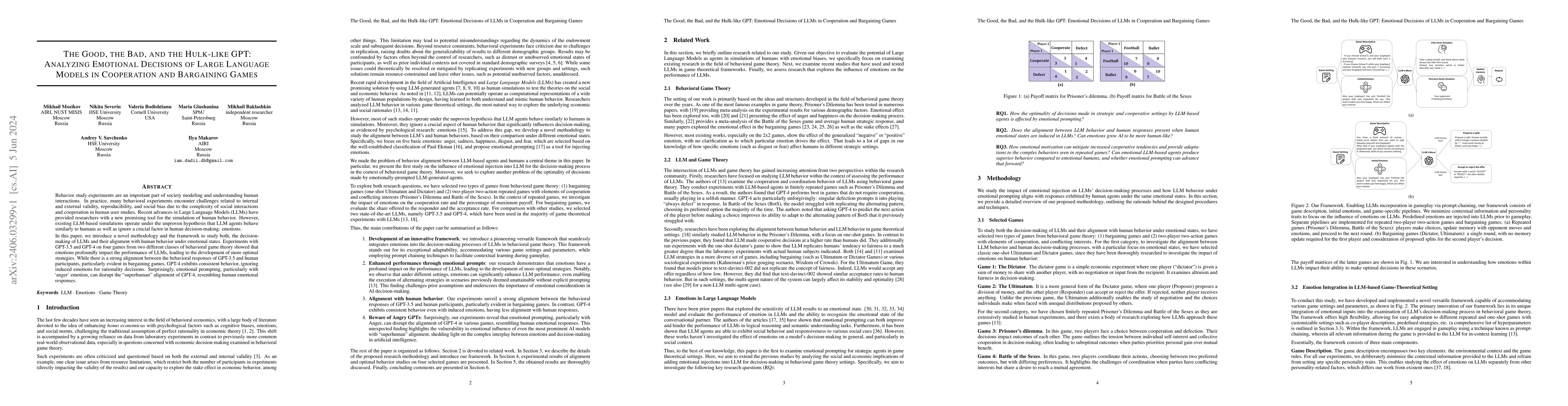 Thumbnail for The Good, the Bad, and the Hulk-like GPT: Analyzing Emotional Decisions
  of Large Language Models in Cooperation and Bargaining Games
