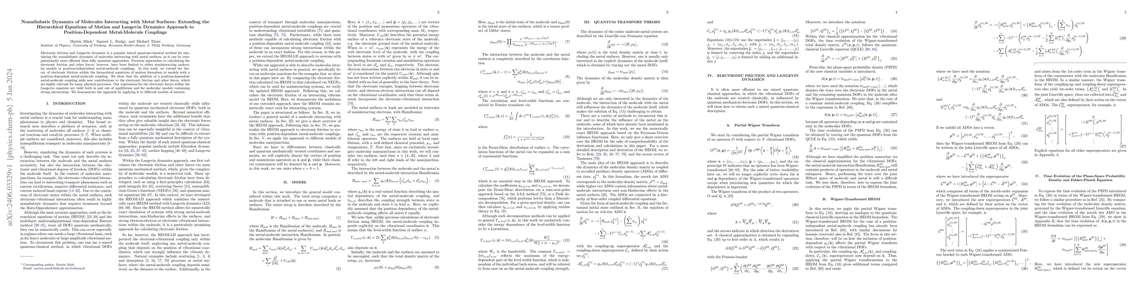 Thumbnail for Nonadiabatic Dynamics of Molecules Interacting with Metal Surfaces:
  Extending the Hierarchical Equations of Motion and Langevin Dynamics Approach
  to Position-Dependent Metal-Molecule Couplings