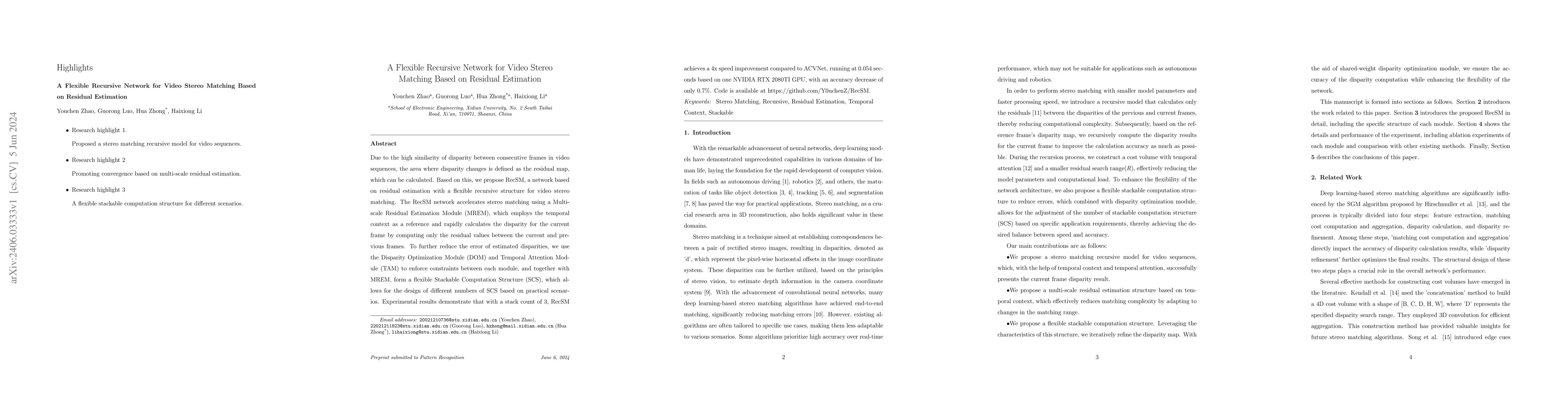 Thumbnail for A Flexible Recursive Network for Video Stereo Matching Based on Residual
  Estimation