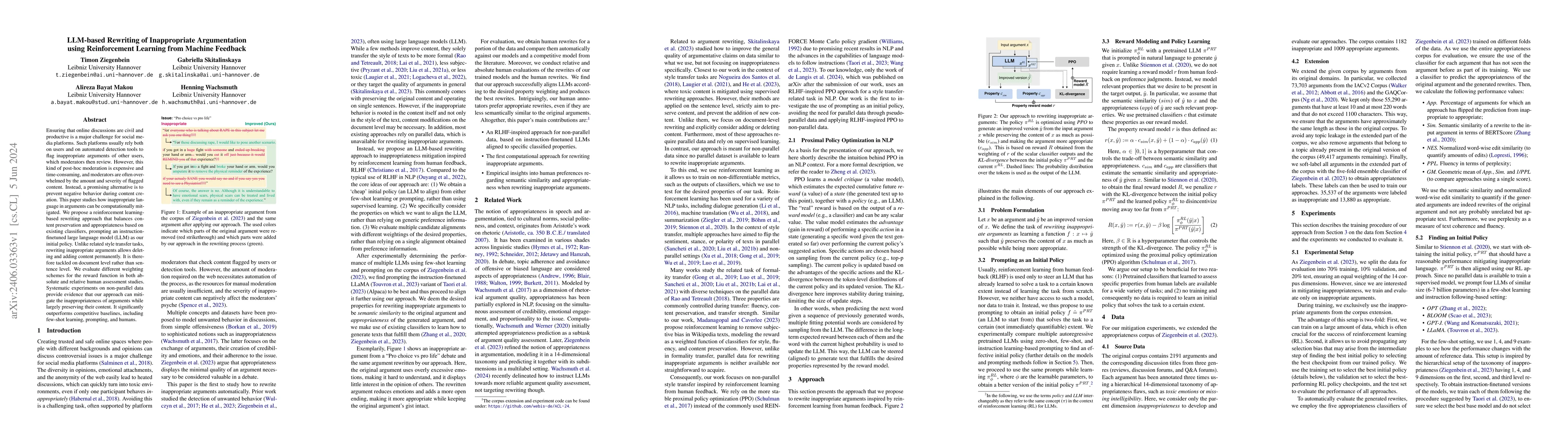 Thumbnail for LLM-based Rewriting of Inappropriate Argumentation using Reinforcement
  Learning from Machine Feedback