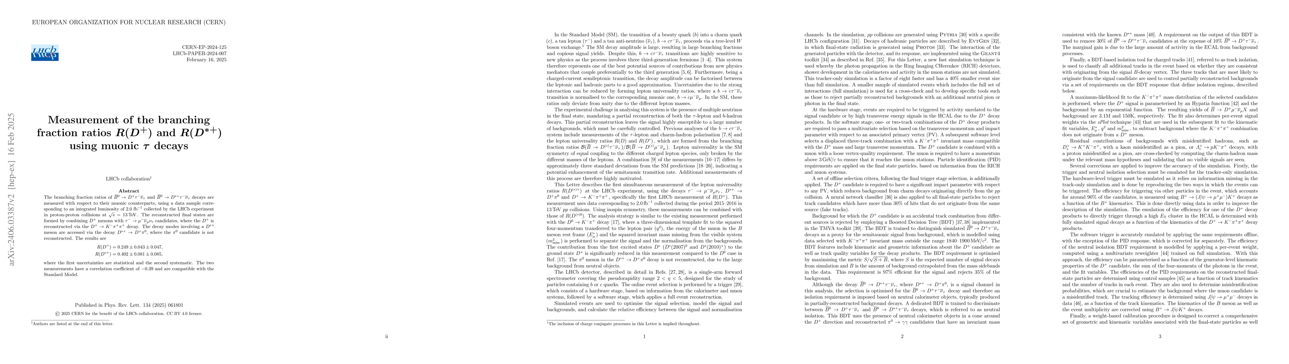 Thumbnail for Measurement of the branching fraction ratios $R(D^{+})$ and $R(D^{*+})$
  using muonic $\tau$ decays