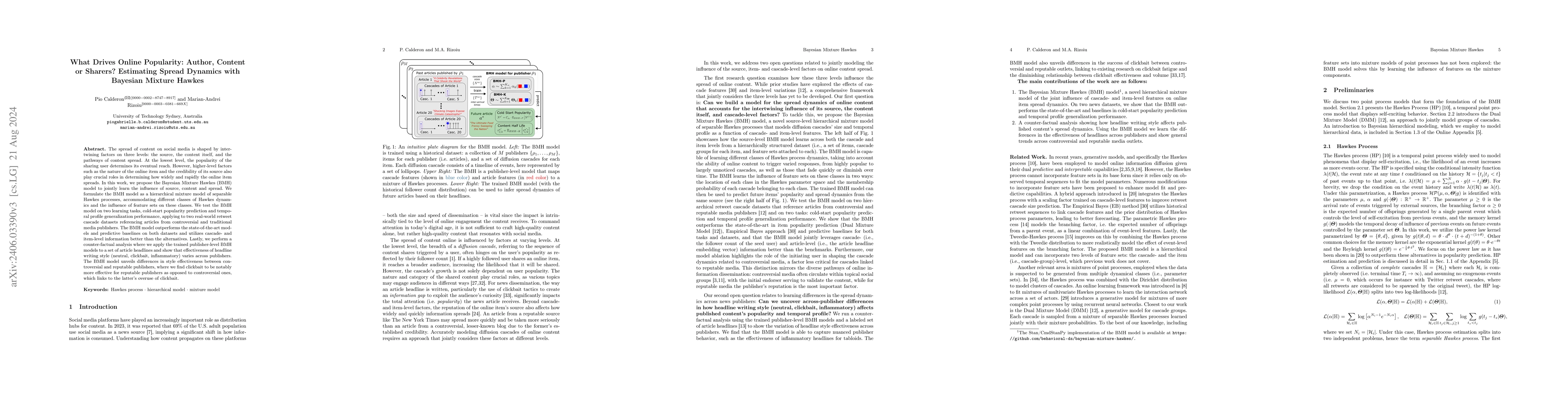 Thumbnail for What Drives Online Popularity: Author, Content or Sharers? Estimating
  Spread Dynamics with Bayesian Mixture Hawkes