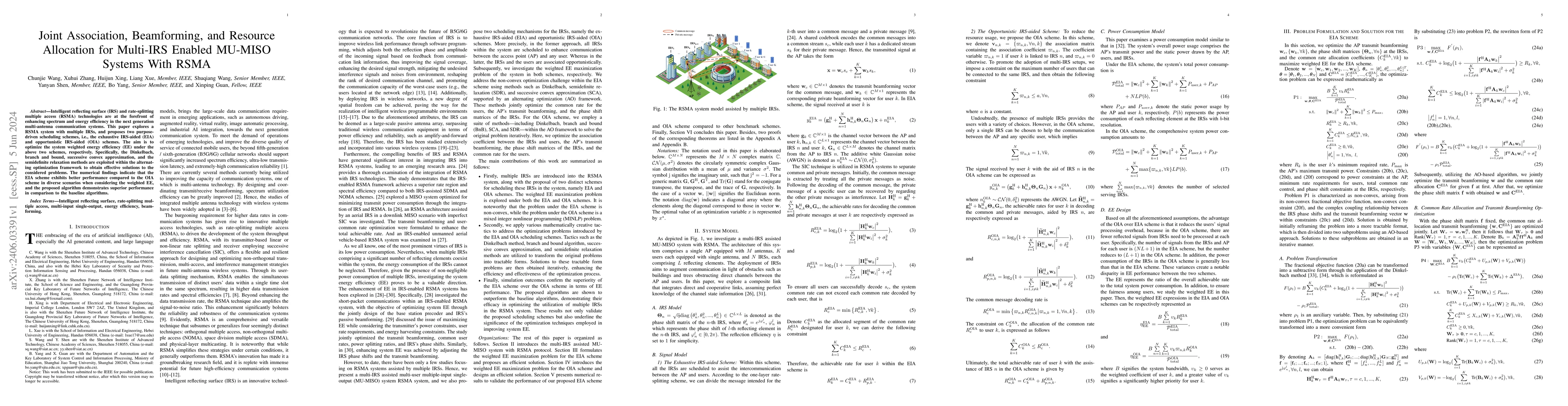 Thumbnail for Joint Association, Beamforming, and Resource Allocation for Multi-IRS
  Enabled MU-MISO Systems With RSMA