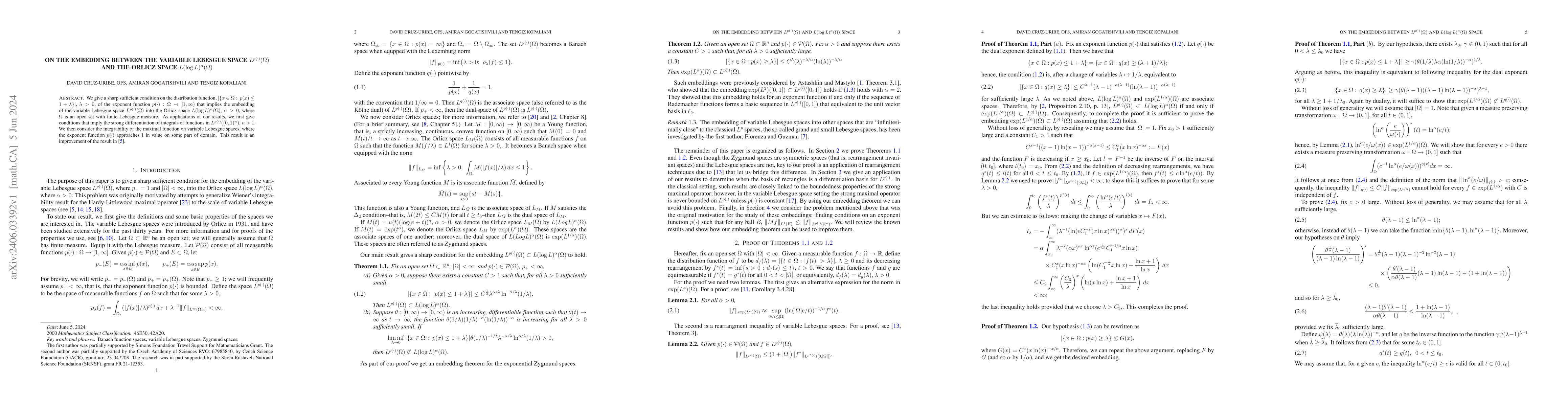 Thumbnail for On the embedding between the variable Lebesgue space
  $L^{p(\cdot)}(\Omega)$ and the Orlicz space $L(\log L)^{\alpha}(\Omega)$