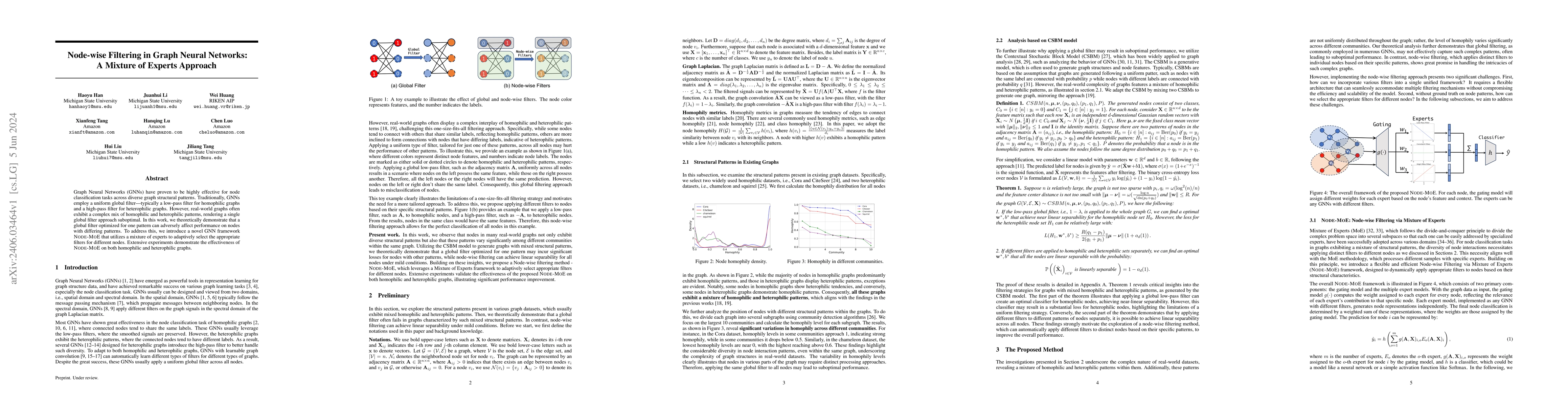Thumbnail for Node-wise Filtering in Graph Neural Networks: A Mixture of Experts
  Approach