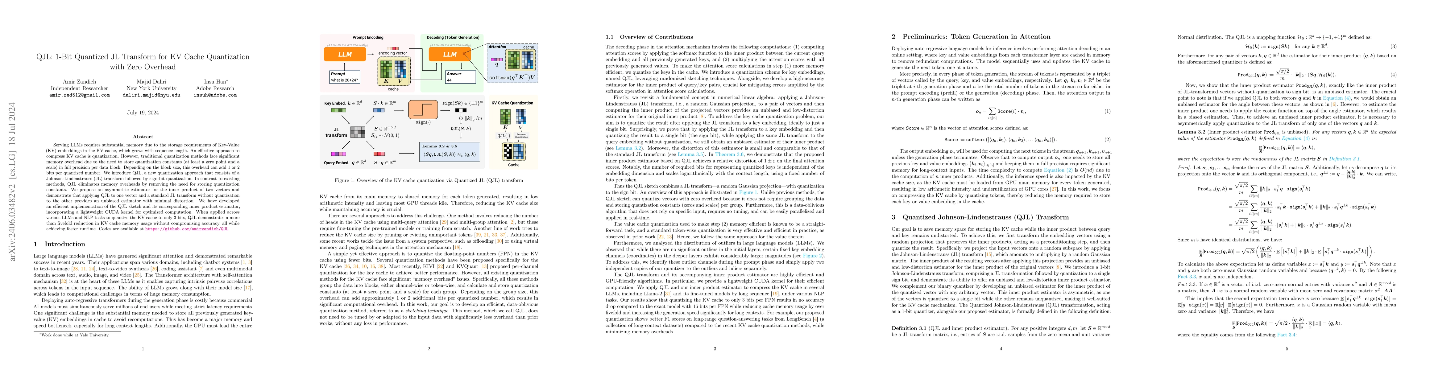 Thumbnail for QJL: 1-Bit Quantized JL Transform for KV Cache Quantization with Zero
  Overhead