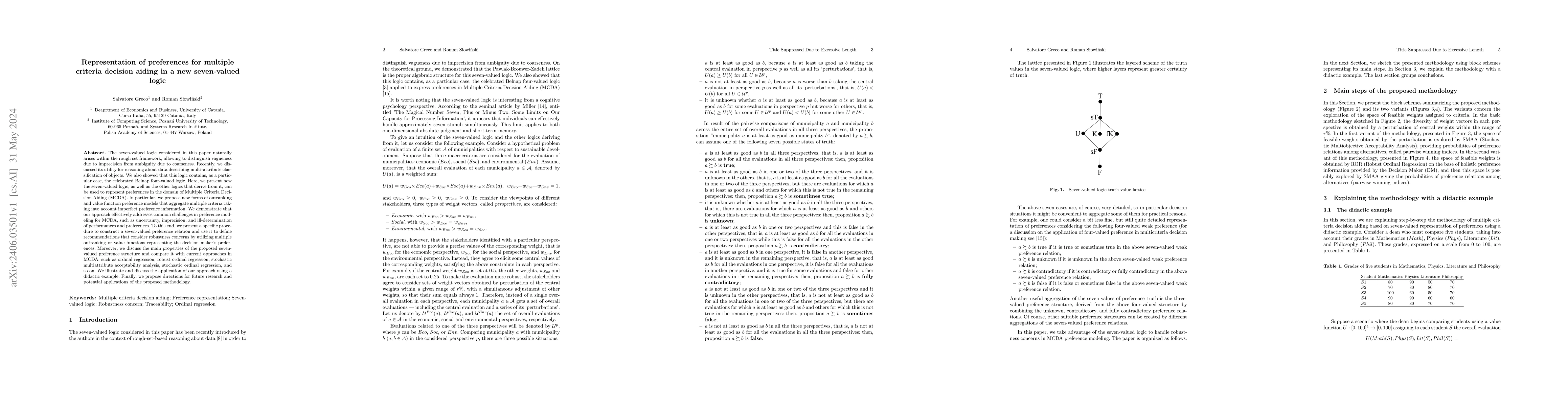 Thumbnail for Representation of preferences for multiple criteria decision aiding in a
  new seven-valued logic