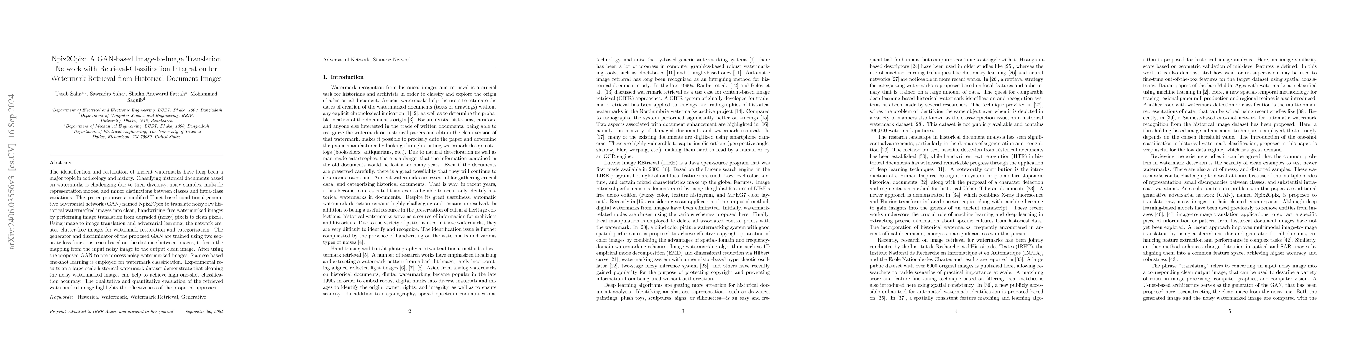 Thumbnail for Npix2Cpix: A GAN-based Image-to-Image Translation Network with
  Retrieval-Classification Integration for Watermark Retrieval from Historical
  Document Images