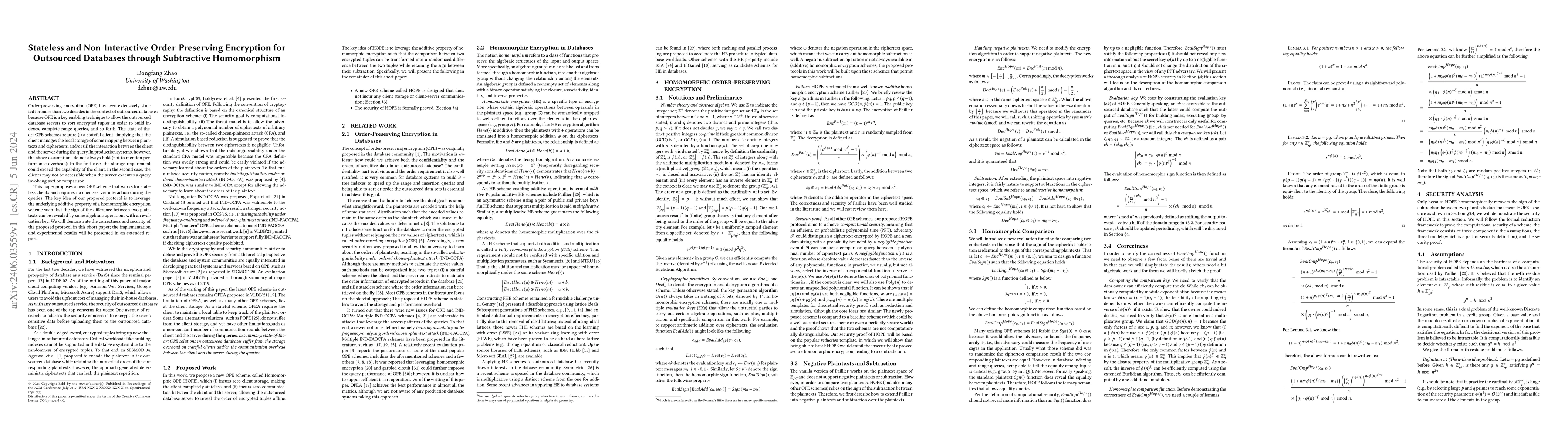Thumbnail for Stateless and Non-Interactive Order-Preserving Encryption for Outsourced
  Databases through Subtractive Homomorphism