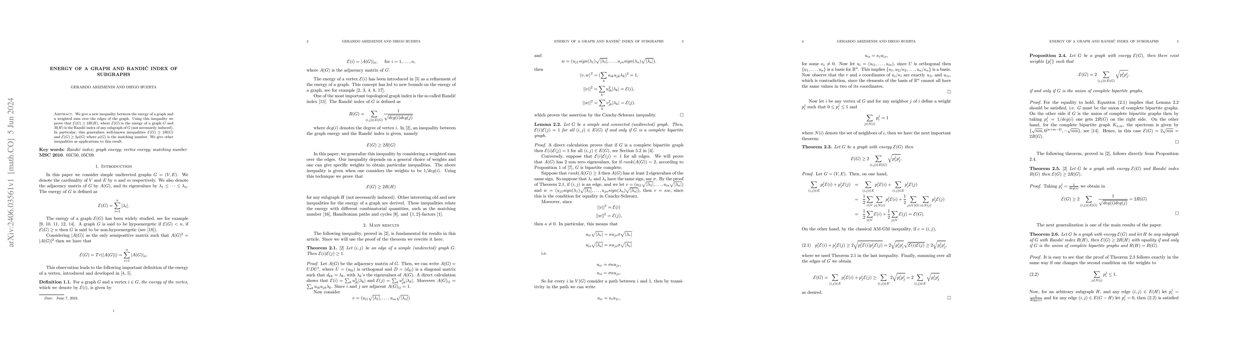 Thumbnail for Energy of a graph and Randi\'c index of subgraphs