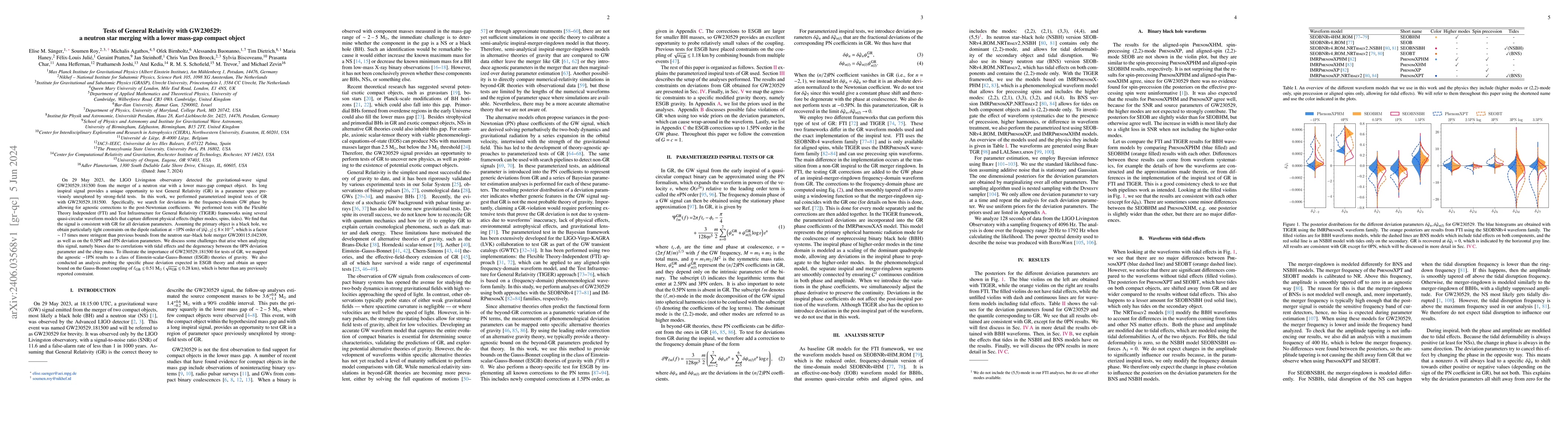 Thumbnail for Tests of General Relativity with GW230529: a neutron star merging with a
  lower mass-gap compact object