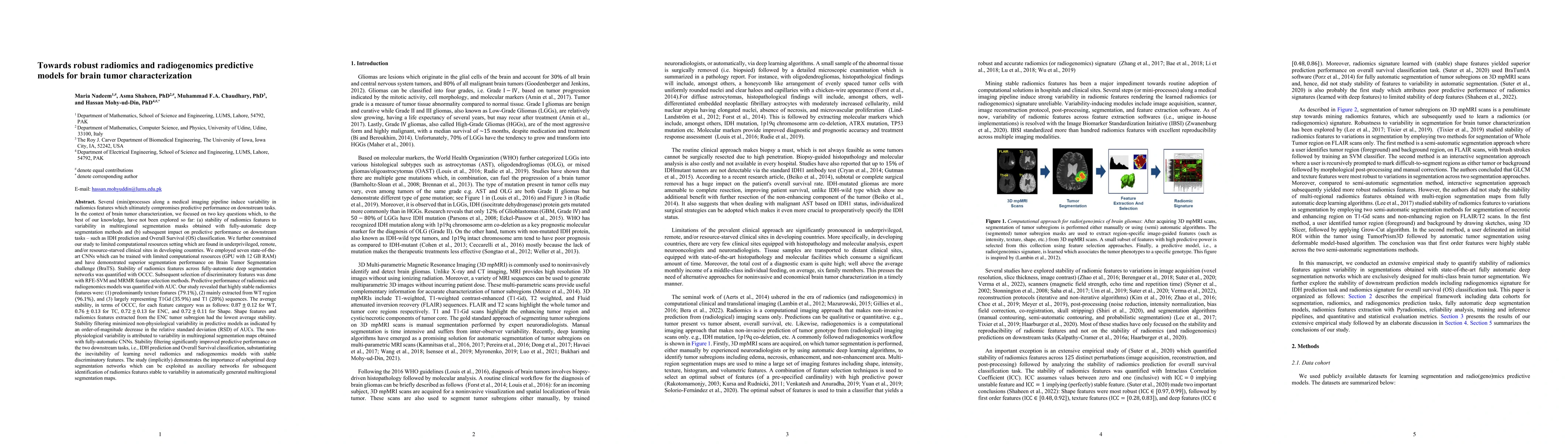 Thumbnail for Towards robust radiomics and radiogenomics predictive models for brain
  tumor characterization
