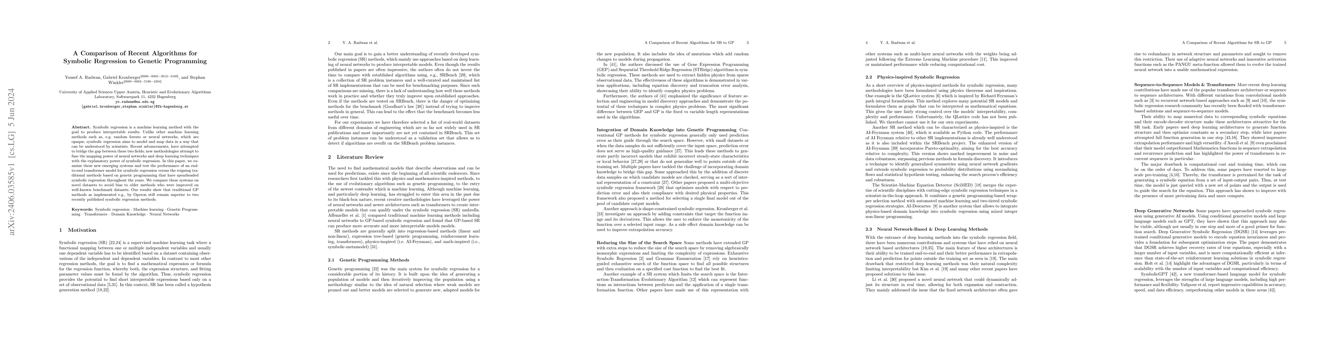Thumbnail for A Comparison of Recent Algorithms for Symbolic Regression to Genetic
  Programming