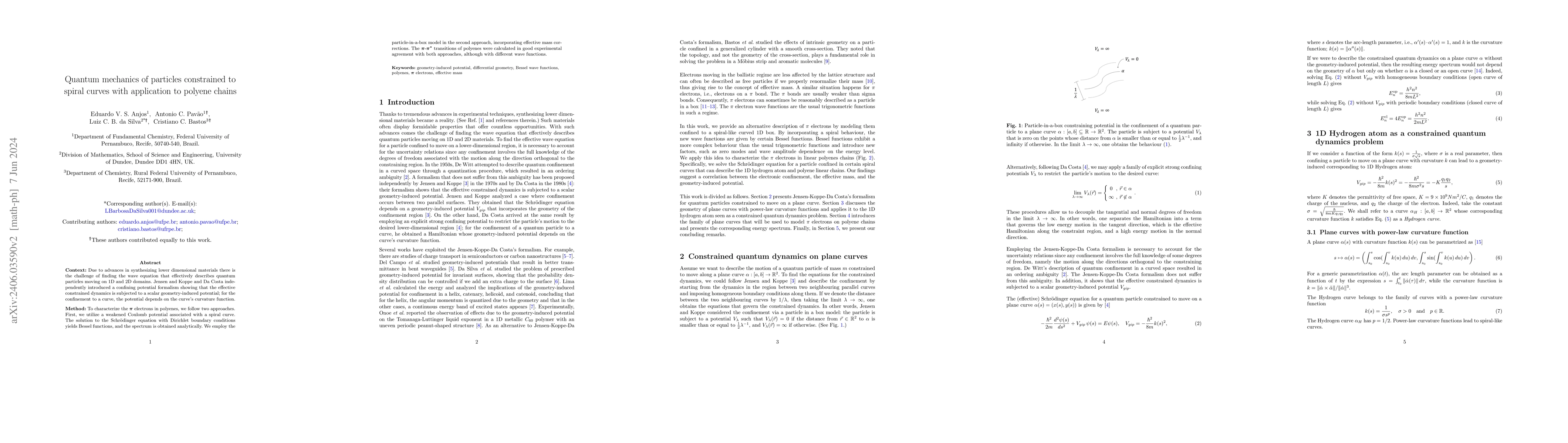 Thumbnail for Quantum Mechanics of Particles Constrained to Spiral Curves with
  Application to Polyene Chains