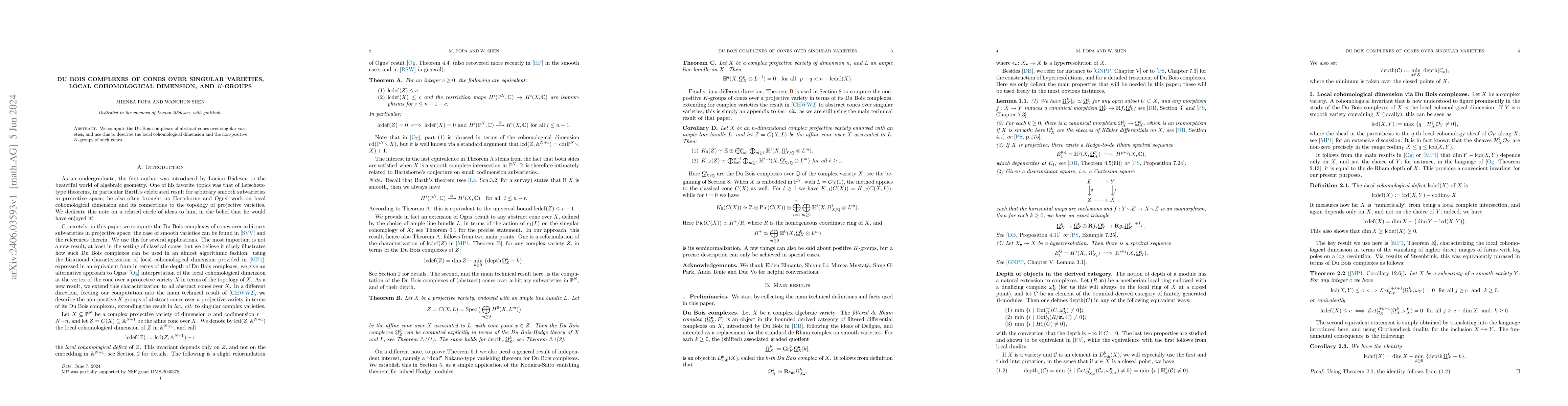 Thumbnail for Du Bois complexes of cones over singular varieties, local cohomological
  dimension, and K-groups